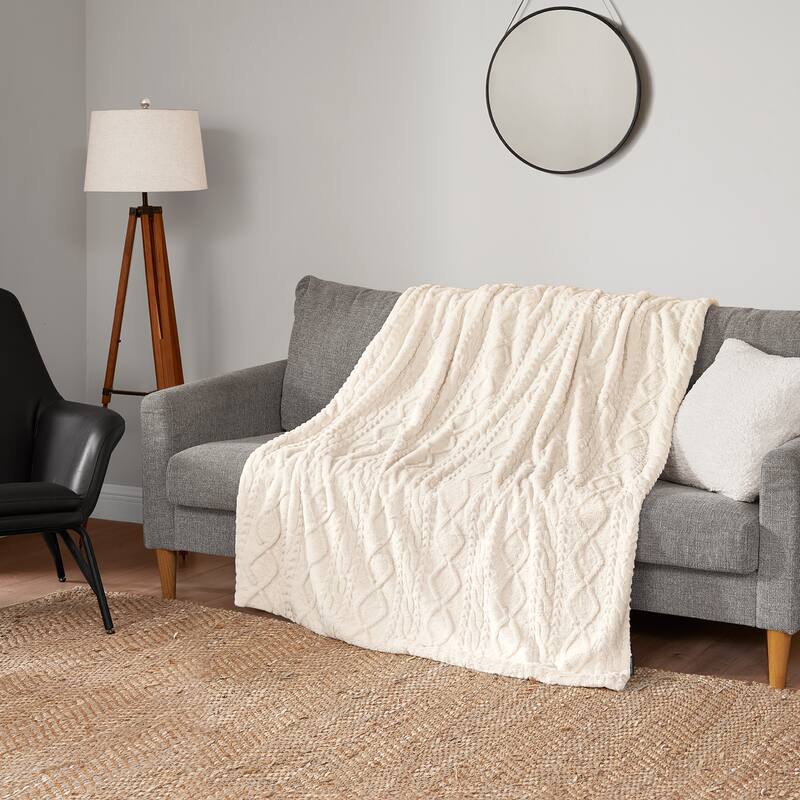 Lucky Brand Embossed Cable Rabbit Synthetic Fur 50" x 70" Throw Blanket